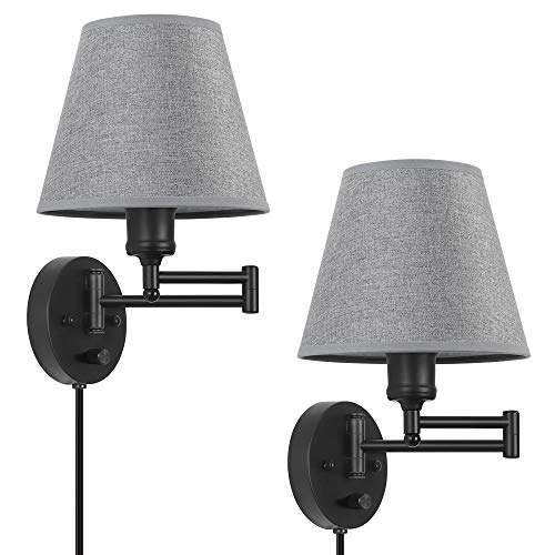 Plug in Wall Light Set of 2, Dimmable Wall Sconce, Swing Arm Wall Fixture with Gray Linen Lampshade, Modern Bedroom Wall Lights Fixtures,Bedside Reading Lamp