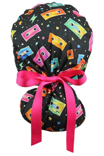 Image of Scrub Cap for Women and Men, Ponytail Scrub Caps, Working Hat, Head Cover with Ribbon Ties and Buttons, Long Hair