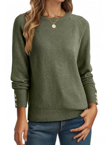 Dokotoo Womens Sweaters Casual Long Sleeve Fashion Crewneck Knit Solid Button Pullover Sweater Jumper Tops