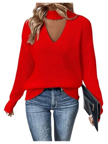 Image of GORGLITTER Women's Cut Out Oversized Lighweight Sweater V Neck Long Sleeve Sexy Trendy 2025 Fall Pullover Tops Red Large