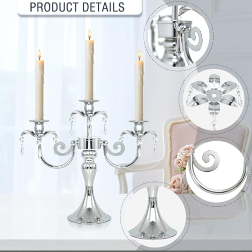 Image of Metal 3 Arm Taper Candlestick Stand with Crystal Pendants - 11.8 Inch Tall Candle Holders, Elegant Centerpieces Candelabra for Wedding, Dining Table, Christmas Party (6Pcs, Silver)
