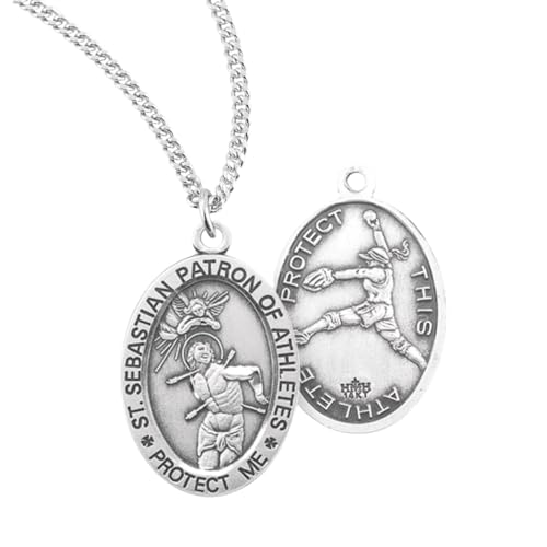 Everlasting Light Jewelry Women's Patron Saint St.Sebastian Oval Sterling Silver Women's Softball Medal, 18" Rhodium Plated Stainless Steel Chain Necklace, Made in USA, Deluxe Velvet Gift Box