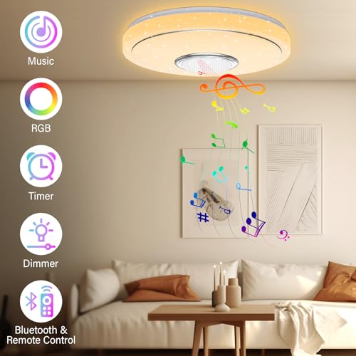 Plafonnier LED dimmable 48W RVB avec haut-parleur Bluetooth et télécommande Ø30cm - 5