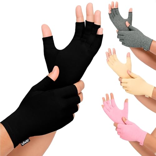 Vive Rheumatoid Arthritis Gloves - Men and Women Fingerless Compression Wrap for Hand Pain and Osteoarthritis - Black Hand Wrap for Arthritic Joint Symptom Relief - Open Finger Fit