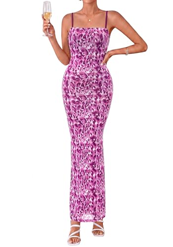 BTFBM Womens Summer Maxi Dress 2026 Floral Mesh Spaghetti Straps Sleeveless Sexy Bodycon Wedding Cocktail Party Dresses(Dark Purple Print, Medium)