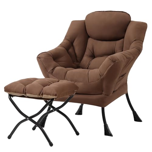 Image of Tiita Lazy Chair with Ottoman, Brown Modern Large Accent Chairs, Comfy Leisure Sofa Armchair with Ottoman, Reading Chair with Footrest for Bedroom, Living Room, Dorm Rooms, Brown