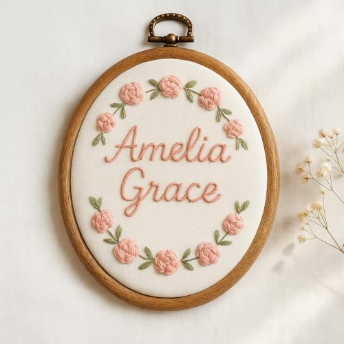 Personalized Baby Name Embroidery Hoop – Custom Newborn Announcement Sign, Hand Stitched Nursery Wall Decor, Baby Birth Keepsake Gift, Oval & Round Options