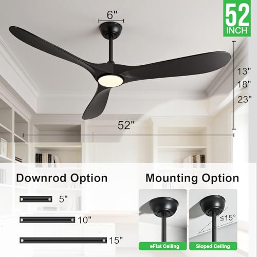 Image of 52 Inch Ceiling Fans with Lights and Remote, Wood Outdoor Ceiling Fan with 6 Speed Noiseless DC Motor, Indoor Modern 3 Blade Propeller Ceiling Fan for Bedroom Living Room Gazebo Patio (Black)