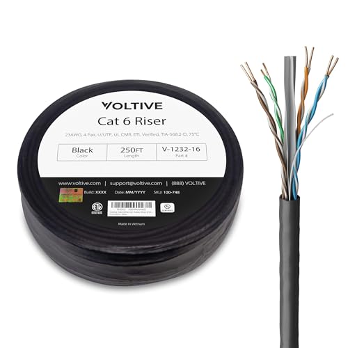 Image of Voltive Cat6 Ethernet Cable, Riser (CMR), Black, 250ft - 23AWG 4 Pair Solid Bare Copper, UTP, 600MHz, UL Certified & ETL Verified - V-1232-16