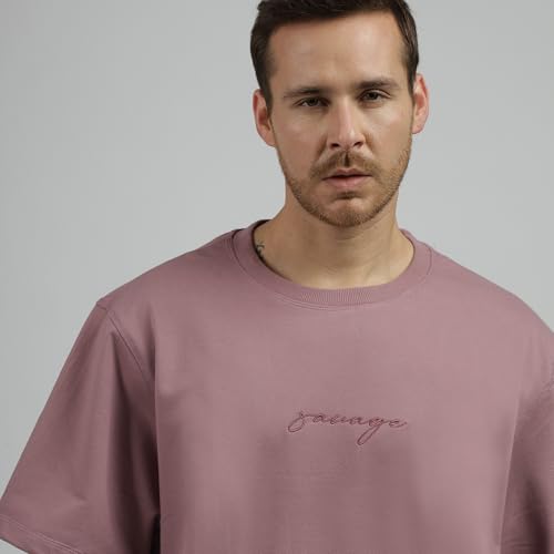 Image of BE SAVAGE 240 GSM Ultra Premium Heavyweight Oversized T Shirt for Men with Embroidered Savage in Front Drop Shoulder T Shirts for Men Embroidery T Shirt