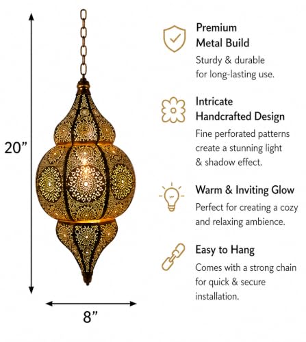 Image of Gold Vintage Moroccan Hanging Lantern | 20 Inch Ceiling Pendant Chandelier Lamp for Home Decor | Antique Golden Finish Indoor Outdoor Decorative Lighting Fixture | Pack of 1