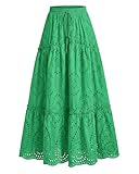 BTFBM Boho Long Skirts for Women Spring Summer 2026 Lace Embroidery High Waist Flowy Tiered Maxi Skirt Beach Vacation(Green, Small)