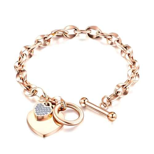 MGJ™ Crystal Heart Charm Toggle Bracelet for Women - Hypoallergenic Silver/Rose Gold Jewellery Gift for Her (Rose Gold)