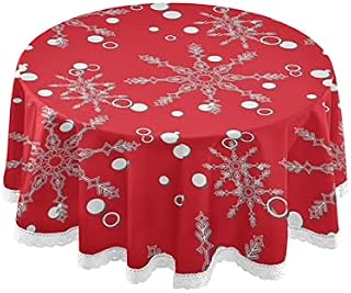 Mnsruu Red Christmas Snowflake Round Tablecloths, Circular Table Cover Washable Polyester for Buffet Table, Parties, Holiday Dinner 60 Inch, Multicolored, one size