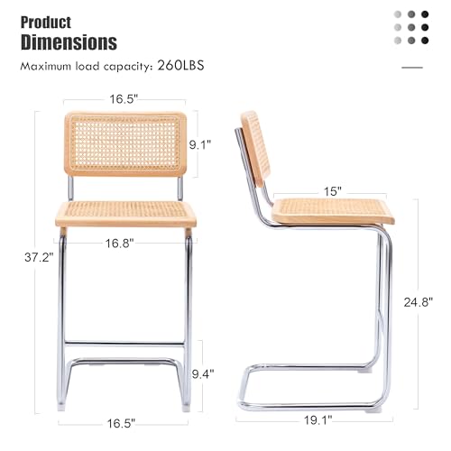 Image of Flouki Counter Stool Rattan Set of 2, Rattan Counter Height Stools with Wood Back, 24 Inch Modern Bar Stools, Mid Century Cantilever Counter Chairs for Kitchen Island, Chrome Legs