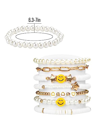 Abitoncc Preppy Heishi Surfer Bracelets Set For Teen Girls, Cute Earrings Aesthetic Rings Preppy Colorful White Gold Clay Bead Stackable Stretch Bracelets Pack, Y2K Jewelry Lightning Bolt Heart Star Preppy Accessories #TOP1