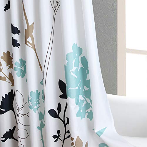Bestripes Fabric Floral Shower Curtain, Blue And White Shower Curtain, Teal And Brown Plant Shower Curtains For Bathroom, Modern Decorative Bathroom Curtains - 72" W X 72" H #TOP4