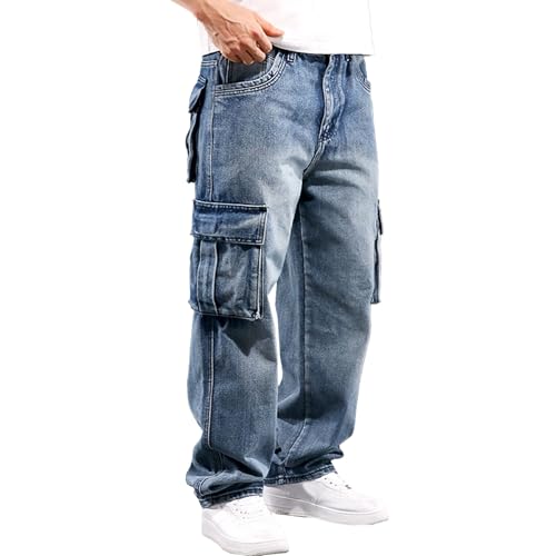 Mens Loose Fit Hip Hop Jeans Motorcycle Workwear Denim Cargo Jeans Casual Cargo Denim Pants with Multi Pockets