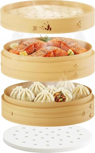 Prime Home Direct Bamboo Steamer Basket 10-Inch | 2-Tier Steamer for Cooking | 50 Liners, Chopsticks, Sauce Dish | Steaming Asian Food, Bao Buns, Chinese, Dim Sum, Dumpling, Rice, Vegetable Steam Pot