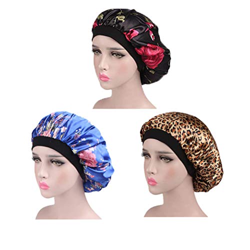 Graeen Satin Bonnet Leopard Bath Cap Floral Bath Hat Floral Adjustable Shower Cap Bathing Hair Cap For Women and Girls(Pack of 3)
