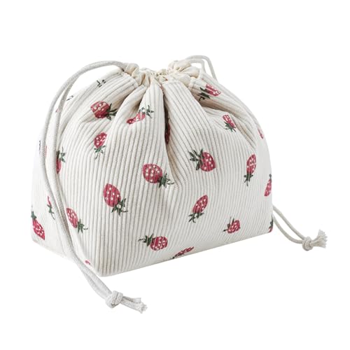 Cute Soft Corduroy Drawstring Makeup Bag with Canvas Lining, Coquette Aesthetic Drawstring Cosmetic with Strawberry Pattern for Women Girls, Kawaii Travel Makeup Organizer Case(06 Strawberry)
