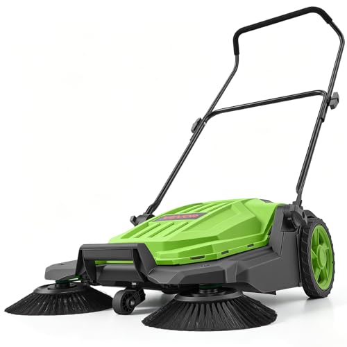 Image of VEVOR Walk-Behind Hand Push Floor Sweeper, Manual Floor Sweeper Non-Electric with 25.6 inch Sweeping Width, 5 Gallons Waste Container & Adjustable Folding Handle for Yards Walkways Patios Garages - Green