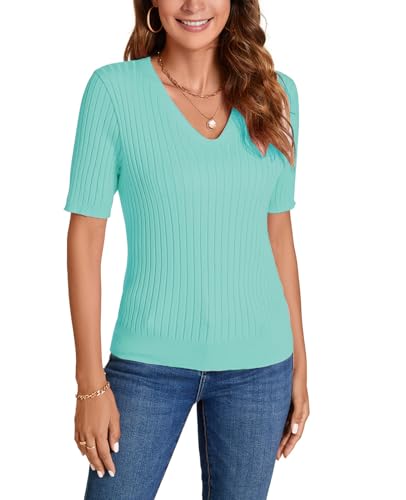Image of Women Summer Knit Shirt Blouse V Neck Short Sleeve Pullover Sweater Tops