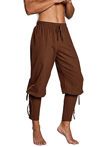 Mens Medieval Ankle Pants Viking Pirate Renaissance Costume Lace Up Tapered Banded Navigator Casual Trousers (X-Large, 01 Brown) #TOP3