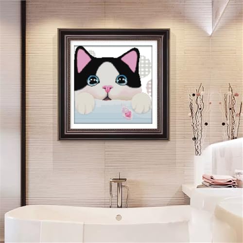 Image of JOYSEWING Cat face Stamped Cross Stitch Kit, Animals Pattern 11CT Cross Stitch Kit for Adult DIY Gifts Craft kit Embroidery Kits for Beginners Wall Decor (Curious(11CT) 17.32 x16.14 inch)