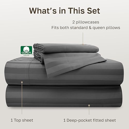 Image of California Design Den 500TC 100% Cotton Queen Sheets Set, Grey Stripe | Good Housekeeping Seal, OEKO-TEX Certified, Silky-Soft Sateen Weave, 4pc Set, 16 inch Deep Pockets, For Hot Sleepers, All-Season