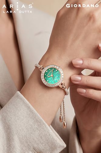 Image of Giordano Arias Lara Dutta Signature Collection Analog Quartz Watch for Women with Mother-of-Pearl Dial, Baguette-Cut Crystal Studded Bezel and Adjustable Chain Bracelet Strap