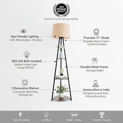 Image of Tripod Metal Floor Lamp with Shelves Stylish Standing Lamp for Living Room Decoration Bedroom Corner Stand Aesthetic Home Decor (Orange Polka Dots) LED Bulb Included