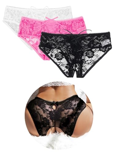 ohyeahlady Thongs for Women Multipack Black White Pink Lace Underwear Soft Stretchy French Knickers Brazilian Sexy Panties Lace Up Underpants Tanga Briefs Pack of 3 Size 12 14