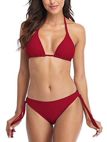 beautyin Womens Triangle String Halter Low Rise Two Piece Bikini Swimsuits Sets Red M
