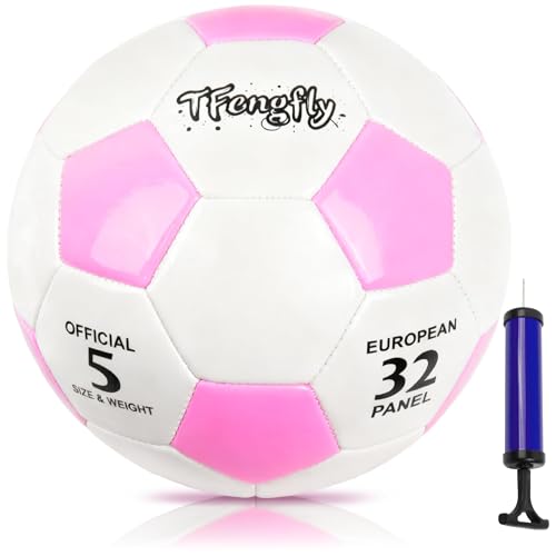 TFengfly Size 5 Soccer Ball with Pump-Training Recreation Youth Soccer Ball Size 5 Thicker PU Tight Weaved Soccer Ball for Adult Youth Boy Girl Outdoor/Indoor League Game Practice Trainning (Pink)