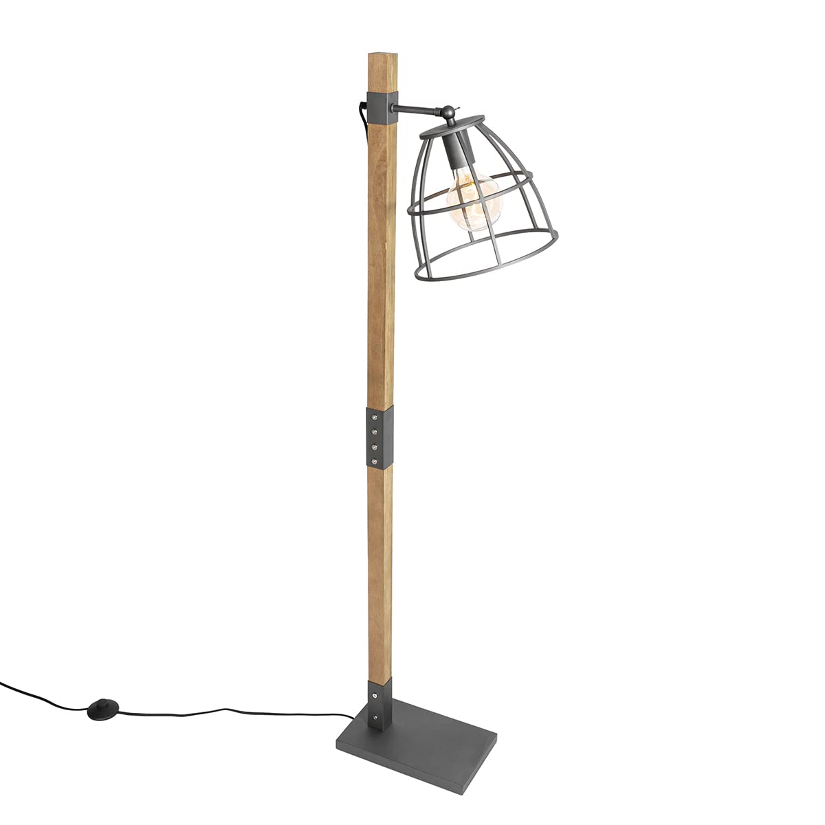 Qazqa Lámpara de pie industrial gris oscuro con madera - Arthur/Acero Alargada Adecuado para LED Max. 1 x 60 Watt