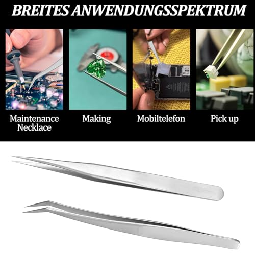 YUXIANLB 2 Stück Präzisionspinzetten-Set aus Edelstahl spitz und lang für Basteln Modellbau Gundam-Reparatur Keramikarbeiten rutschfeste Multitool-Zange für Hobby und Industrie