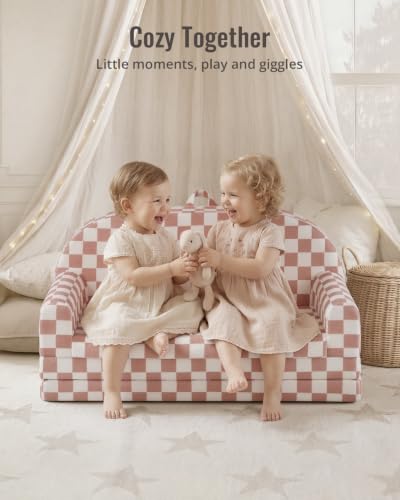 Image of Blissful Diary Foldable Kids Couch, Extra Wide Kids Sofa Chair, Blush Check