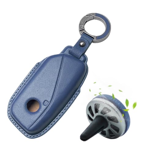 Image of Keyzone Premium Leather Key Cover & AC Vent Car Perfume Combo (4 Fragrances) | Compatible for BMW 7 Series 740i 760i X1 X7 XM IX I7, X5 2023 Onwards 4 Button Smart Key (Blue)