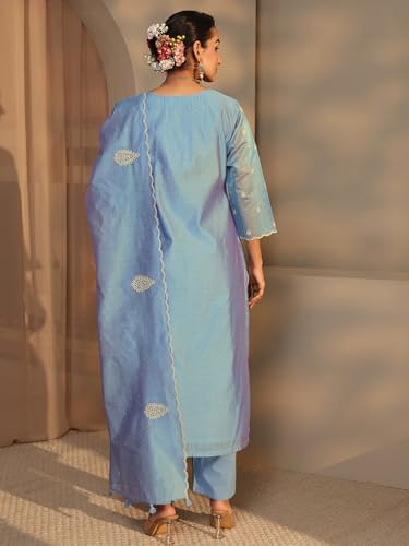 Image of Libas Art Embroidered Silk Blend Straight Kurta With Trousers and Dupatta | ethnic wear | bridal suit | wedding dress | occasion wear