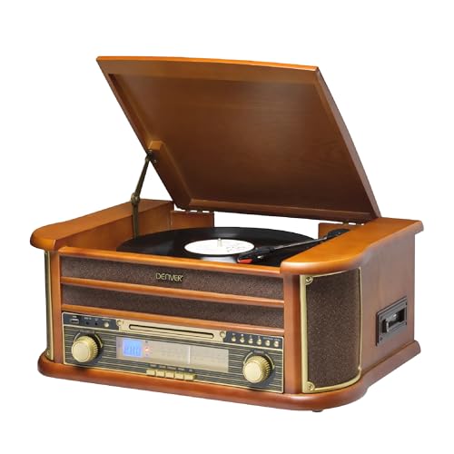Denver MCR-50 – Giradischi Vintage con Lettore Vinili, Radio AM/FM, CD, Cassetta, USB MP3 – Giradischi Vinile con Casse Integrate – Gira Dischi per Vinili Retrò