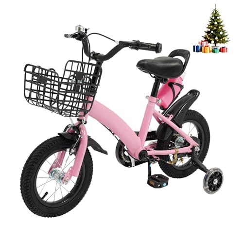 HUOMMGS 12 Zoll Kinderfahrrad HöHenverstellbar Kinder Fahrrad für 2-5 Jahre Upgraded Kinders Trainingsfahrrad mit Stützrädern, Korb & Wasserflasche Mädchenfahrrad Jungenfahrrad (Rosa)