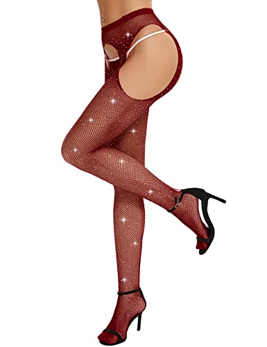 Image of RSLOVE Fishnet Stockings Rhinestone High Waist Tights Pantyhose Women's Sexy Sparkle Stockings