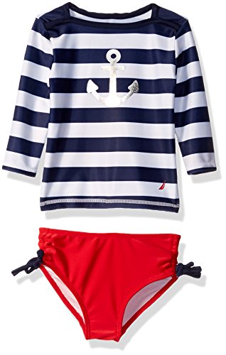 Nautica Girls' Long Sleeve Rashguard Set with Stripe Top and Solid Bikini Bottom
