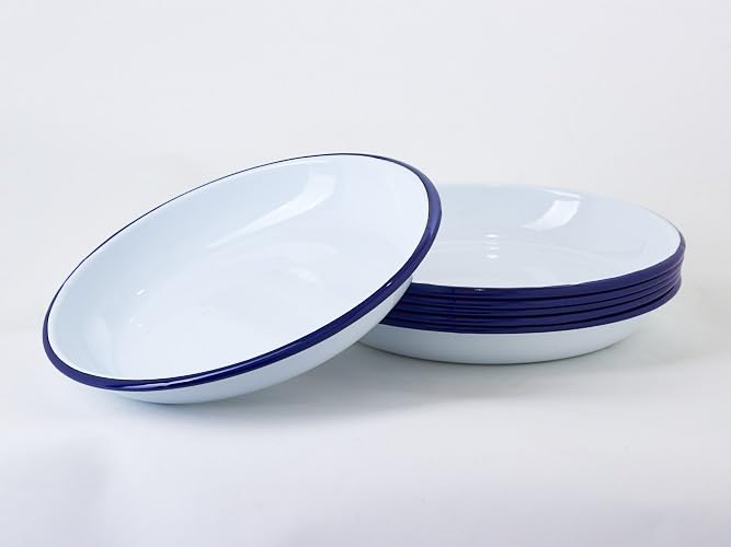 Ardosia Lot de 6 Assiettes Creuses Rondes en Acier Émaillé Épais avec Bordure Bleue sur le...