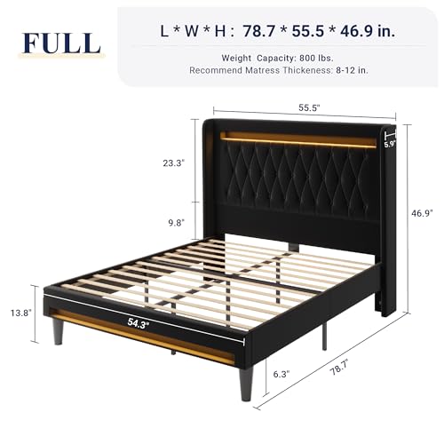 Image of Allewie Full Size Upholstered Bed Frame with LED & Charging Station, Black | Customizable LED lights, charging station, tufted wingback headboard, noise-reducing support, and no box spring needed.