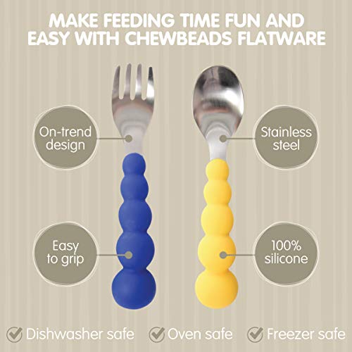 Chewbeads - Toddler Utensils Set - 4 Piece Baby, Kid Or Toddler Silverware Set - Toddler Forks And Spoons Flatware - 100% Safe, Bpa Free & Phthalate Free (Blue/Grey) #TOP6