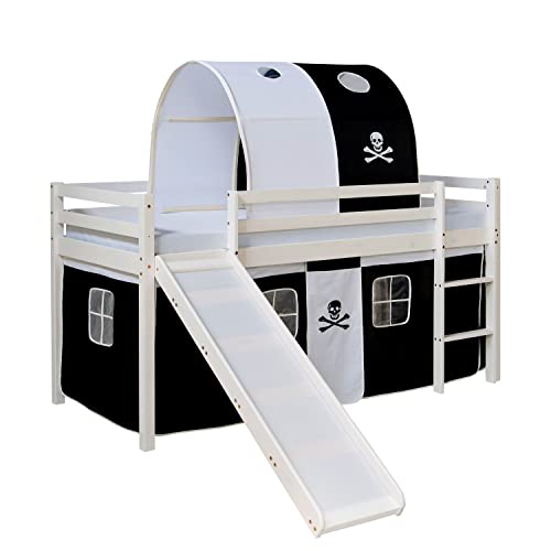 DECOSHOP26 Lit Mezzanine pour Enfant avec sommier Toboggan Tunnel Rideau modèle Noir Pirate 90x200 cm LIT06196