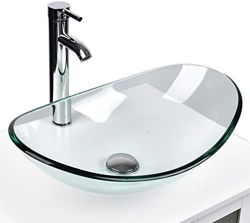 YOURLITE Modern Tempered Glass Sink Bathroom Vanity Vessel Sink and Faucet Combo Boat Style Utility Sink Above Counter
