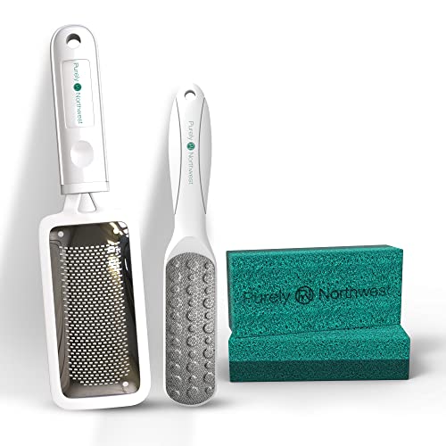 4 Piece Professional Callus Remover Pedicure Tool Kit-Colossal Foot Rasp, Double Sided Finishing File + 2 Dual Sided Pumice Scrubbers-Softens Cracked Callused Heels & Corns-by Purely Northwest-1Pack